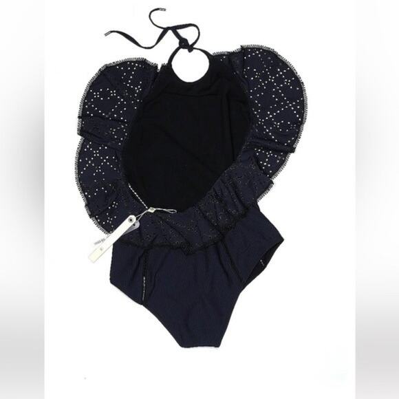 Jonathan Simkhai Seersucker Ruffled Open Back One Piece Bathing Suit Navy Large - Picture 3 of 3